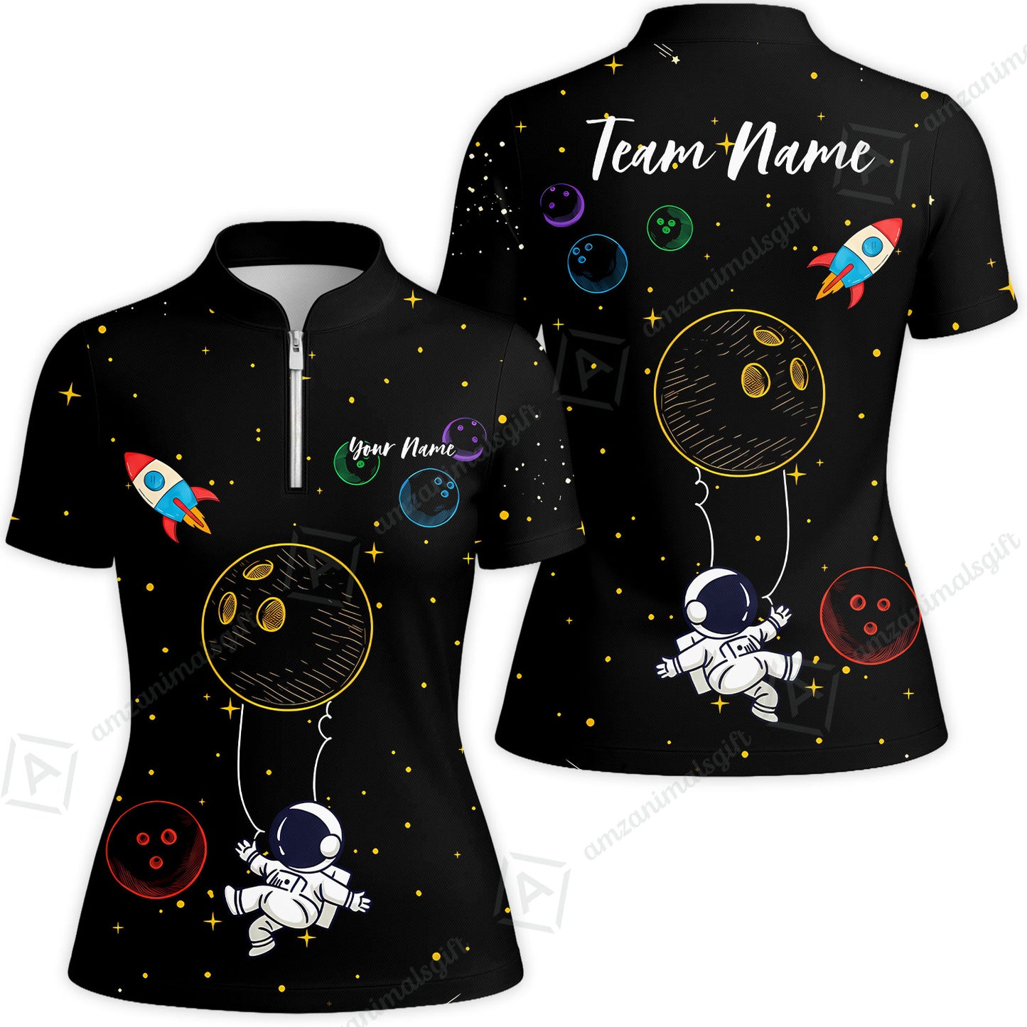 Custom Bowling Jersey Polo Shirt, Spaceman Bowling Galaxy, Custom Bowling Jersey Team Shirt For Players With Name and Team Name