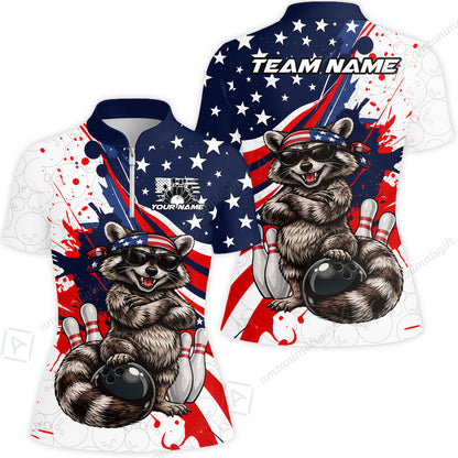 Custom Bowling Jersey Polo Shirt, Patriotic Cool Raccoon Mascot, Custom Bowling Jersey Team Shirt For Players With Name and Team Name