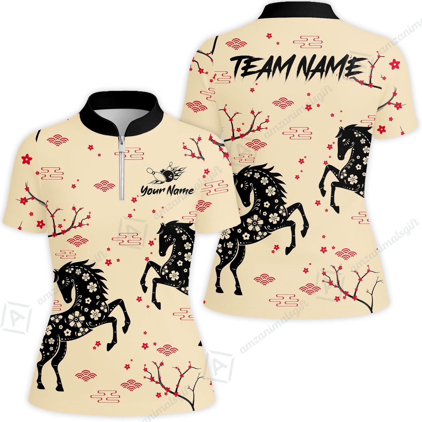 Customized Bowling Unisex Polo Shirt, Floral Pattern Horse Cherry Blossom, Bowling Uniform - Personalized Name Team Name