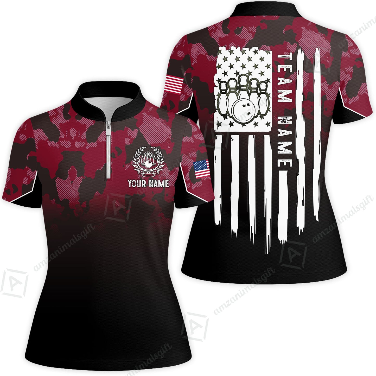 Custom Bowling Jersey Polo Shirt, Tactical Camo Patriotic Flag, Custom Bowling Jersey Team Shirt For Players With Name and Team Name