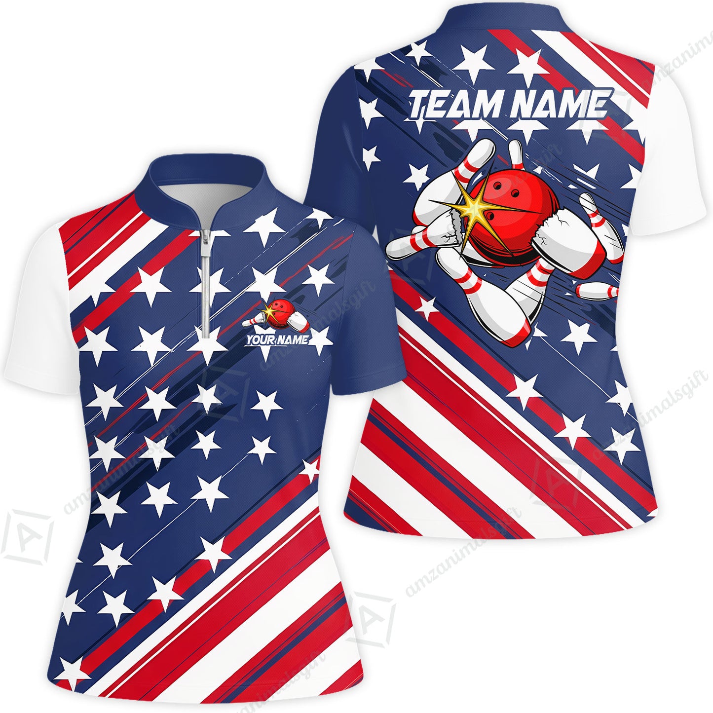 Custom Bowling Jersey Polo Shirt, Explosive Americana Strike Blast, Custom Bowling Jersey Team Shirt For Players With Name and Team Name