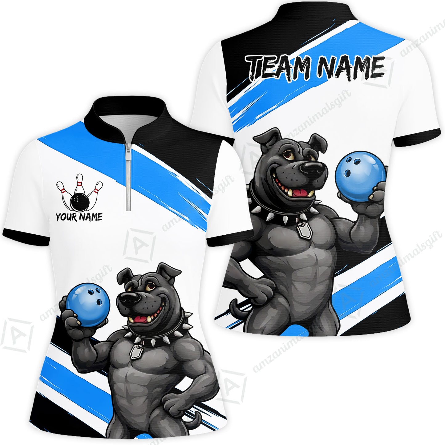 Custom Bowling Jersey Polo Shirt, Pitbull Hold Bowling Ball, Custom Bowling Jersey Team Shirt For Players With Name & Team Name