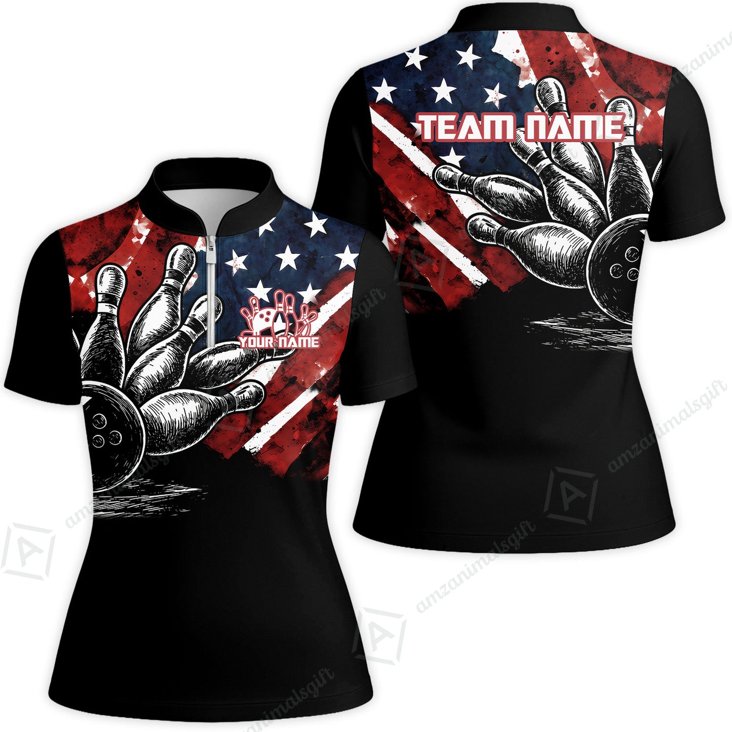 Custom Bowling Jersey Polo Shirt, American Flag and Bowling Pins Sketch, Custom Bowling Jersey Team Shirt For Players With Name and Team Name