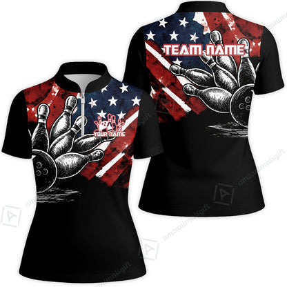Custom Bowling Jersey Polo Shirt, American Flag and Bowling Pins Sketch, Custom Bowling Jersey Team Shirt For Players With Name and Team Name