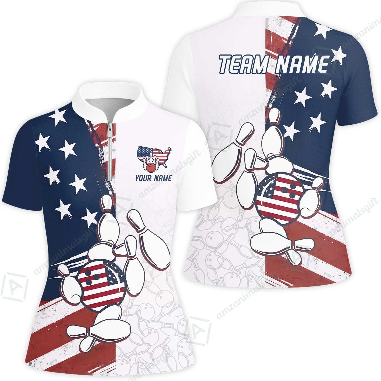 Custom Bowling Jersey Polo Shirt, USA Flag Bowling Ball Custom Bowling Jersey Team Shirt For Players With Name & Team Name