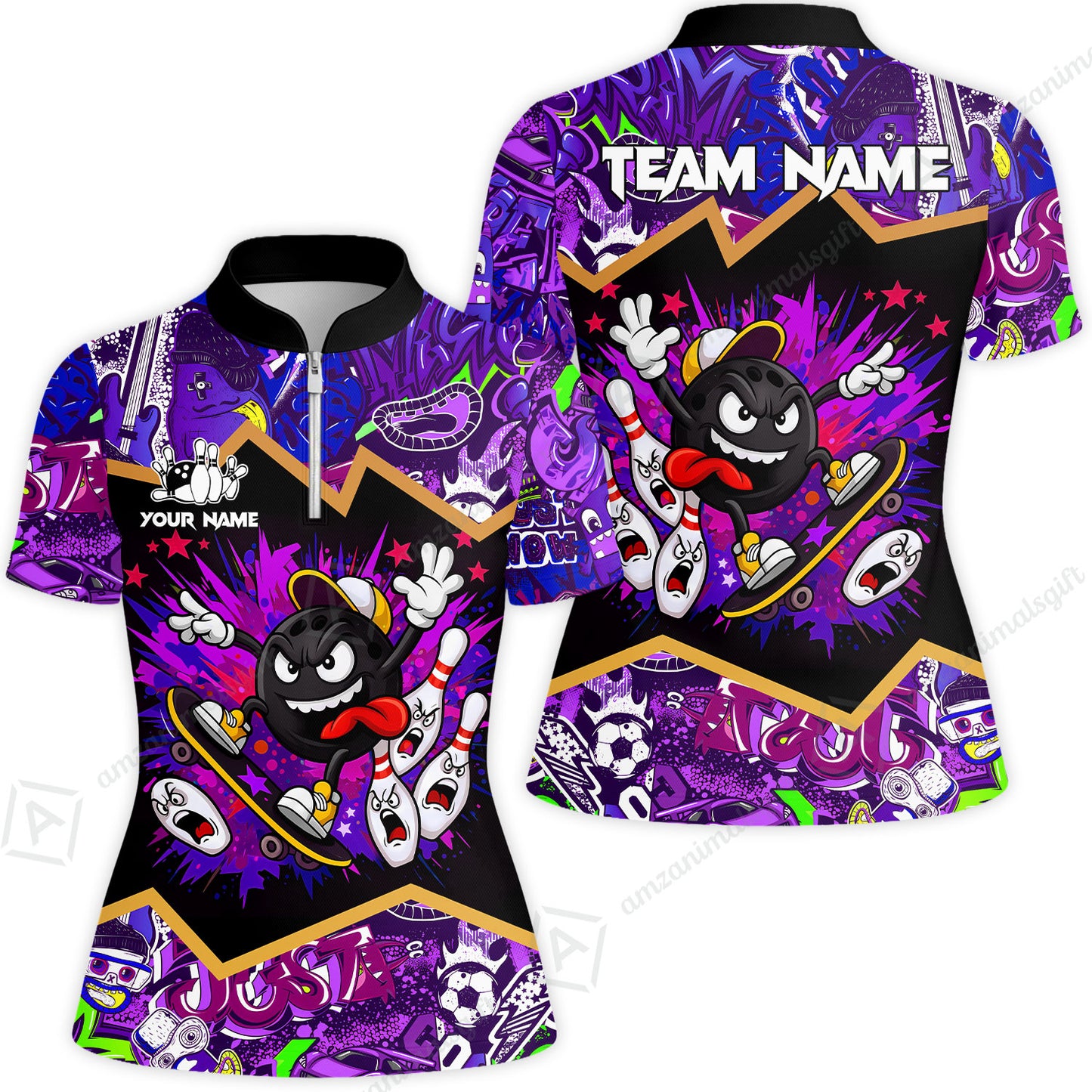 Customized Bowling Unisex Polo Shirt, Skater Bowling Ball Attack, Bowling Uniform, Personalized Name And Team Name