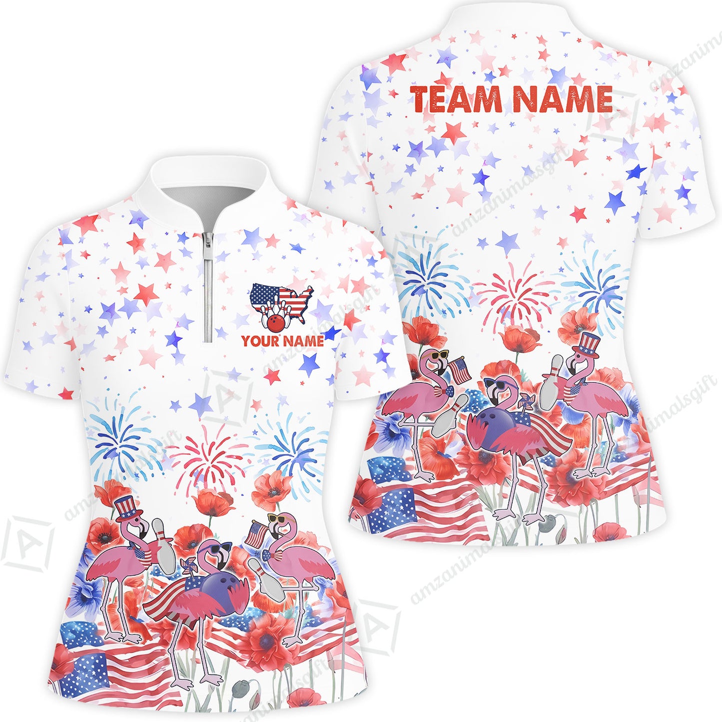 Custom Bowling Jersey Polo Shirt, 4th of July Flamingo Bowling, Custom Bowling Jersey Team Shirt For Players With Name & Team Name