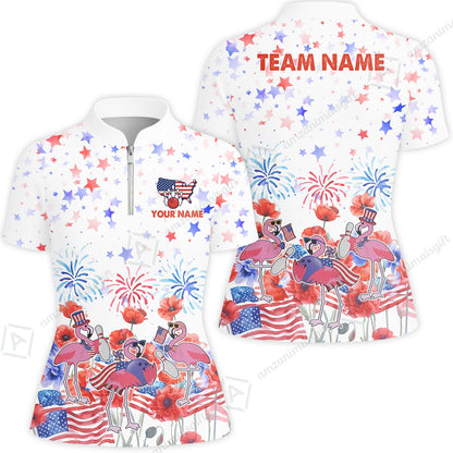Custom Bowling Jersey Polo Shirt, 4th of July Flamingo Bowling, Custom Bowling Jersey Team Shirt For Players With Name & Team Name