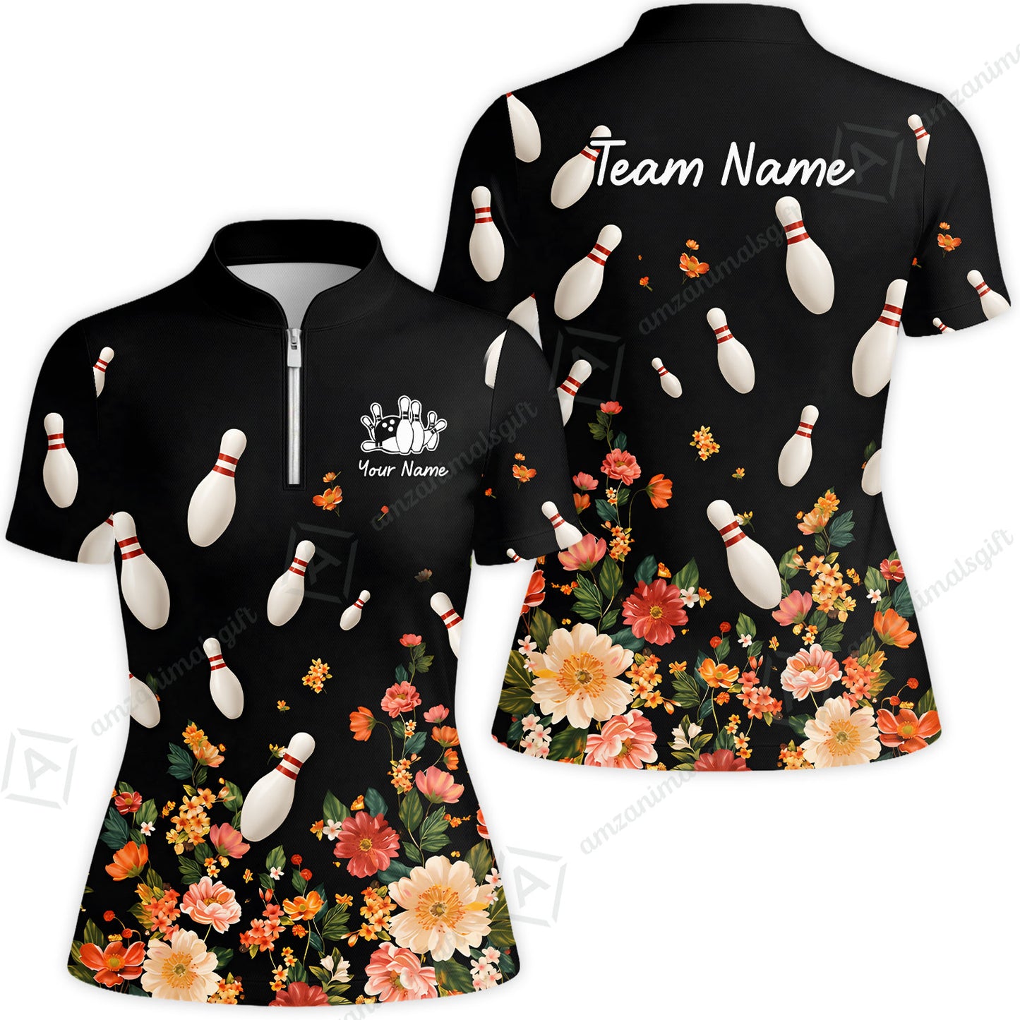 Custom Bowling Quarter Zip Polo Shirt, Floral Bowling, Custom Bowling Quarter Zip Polo Team Shirt For Players With Name & Team Name