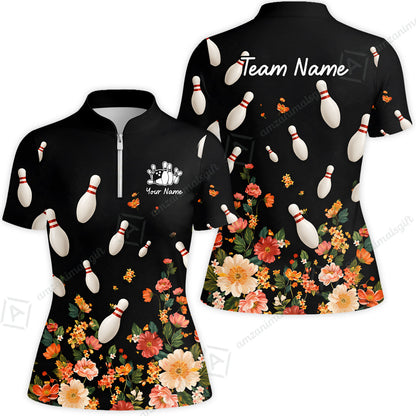 Custom Bowling Quarter Zip Polo Shirt, Floral Bowling, Custom Bowling Quarter Zip Polo Team Shirt For Players With Name & Team Name