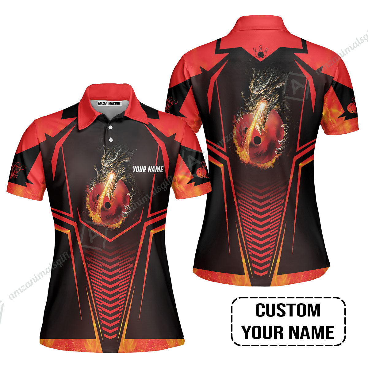 Bowling Custom Women Polo Shirt, Custom Name Dragon Fire Flame Personalized Bowling Women Polo Shirt