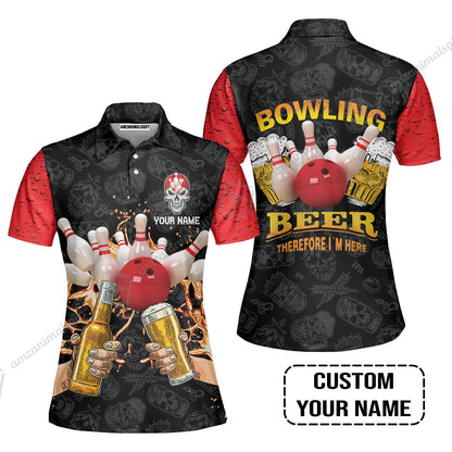 Bowling Long Polo Shirt Custom Name, Bowling and Beer Black Red Therefore I'm Here Personalized Long Polo Shirt