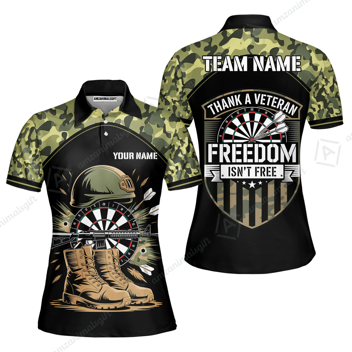 Custom Military Green Camouflage Dartboard Collar Quater-Zip Jersey Team Shirts, Customized Name Team Name Darts Team Jerseys Uniform