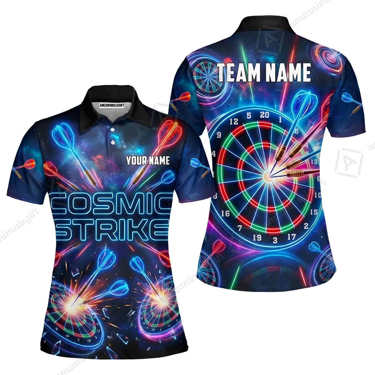 Custom Darts Team Jersey, Personalized Neon Galaxy Strike Darts Polo Shirt For Players With Name & Team Name