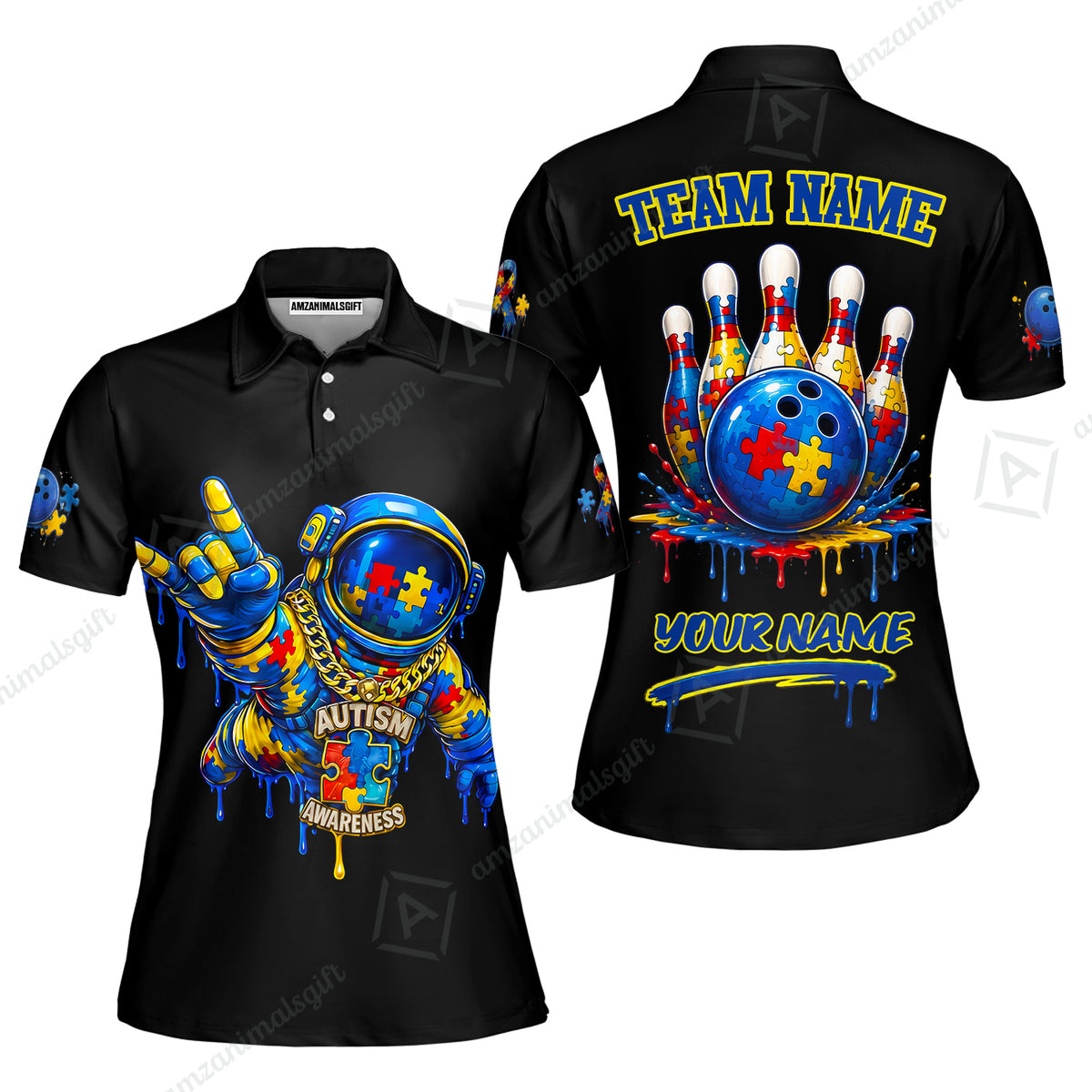 Customized Rainbow Puzzle Astronaut Awareness Bowling Jersey, Custom Name And Team Name For Bowlers