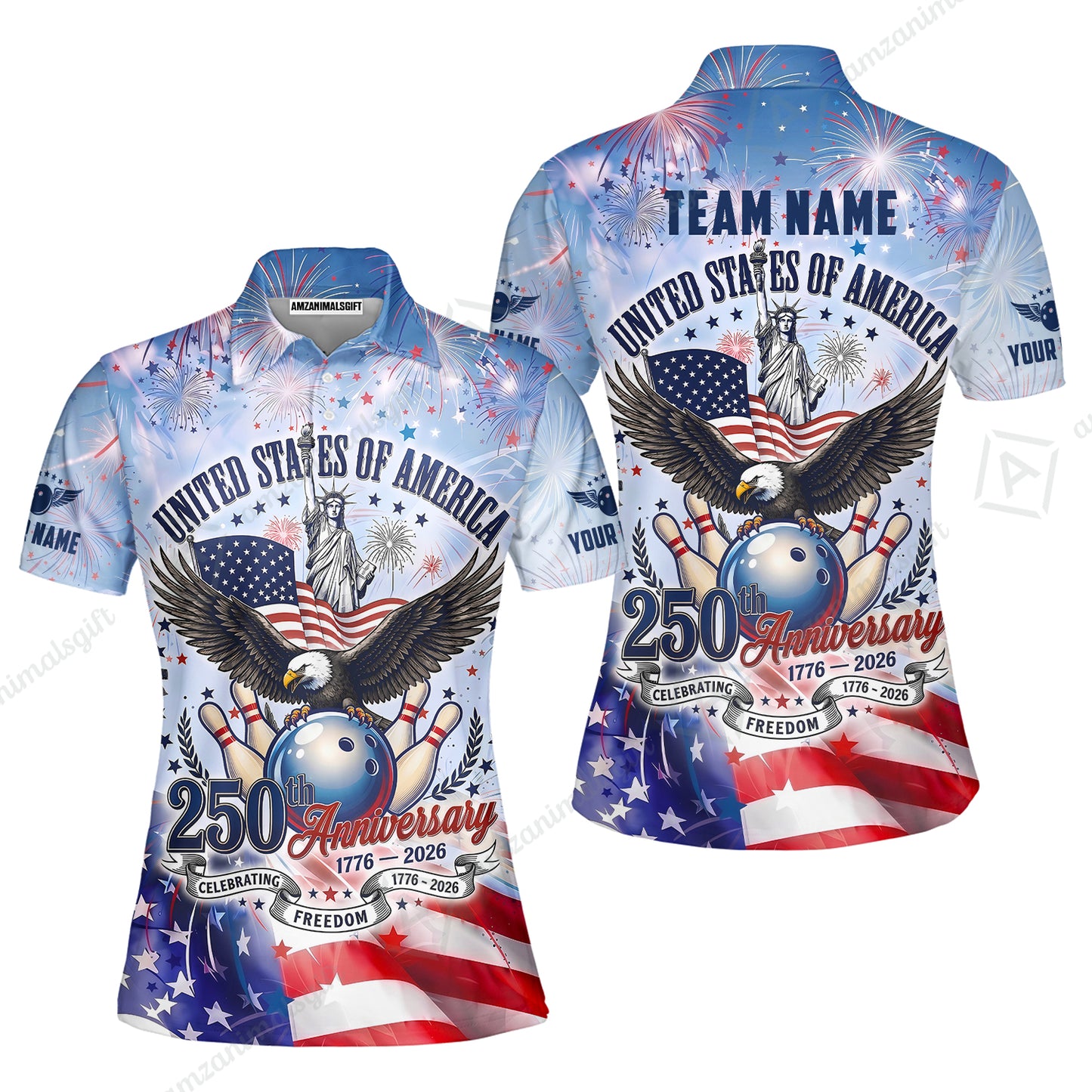 Custom Bowling Jersey Polo Shirt, 250 Years Anniversary USA, Personalize Name and Team Name