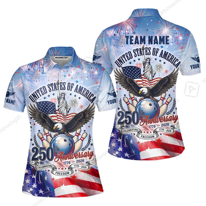 Custom Bowling Jersey Polo Shirt, 250 Years Anniversary USA, Personalize Name and Team Name