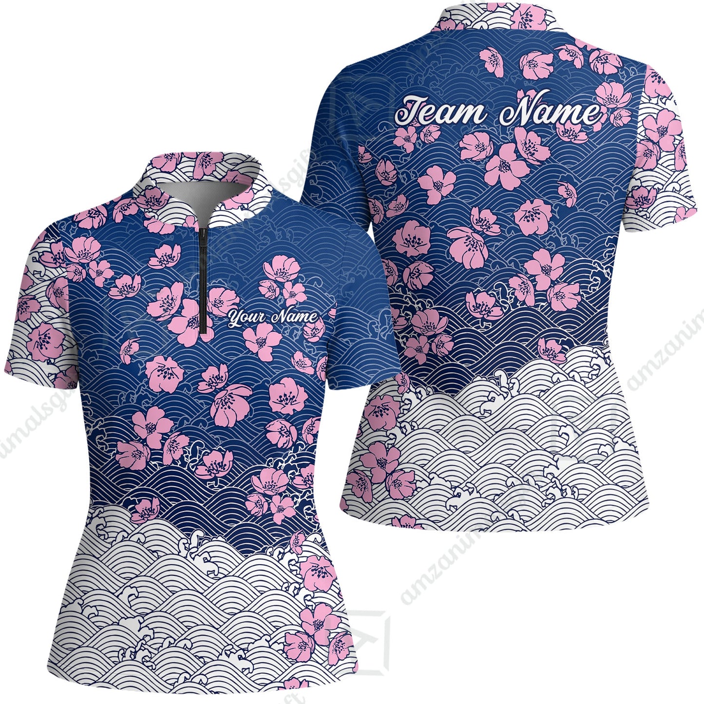 Customized Bowling Quarter-Zip Jersey Polo Shirts, Flowers Cherry Blossom Bowling Shirt For Tournament Team Men Women Bowlers