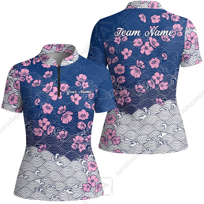 Customized Bowling Quarter-Zip Jersey Polo Shirts, Flowers Cherry Blossom Bowling Shirt For Tournament Team Men Women Bowlers