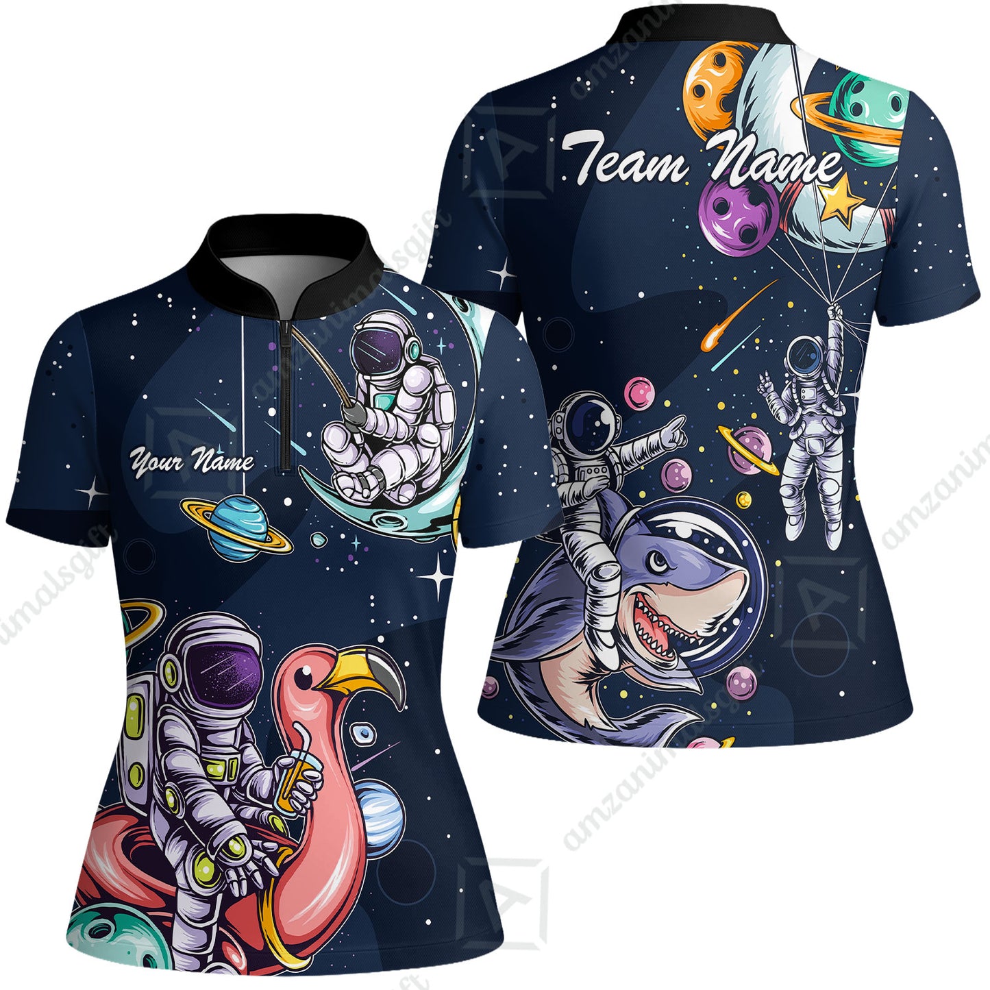 Customized Bowling Unisex Polo Shirt, Galaxy Astronaut, Bowling Uniforms, Personalized Name And Team Name
