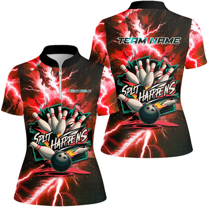 Customized Bowling Jersey, Dramatic Red And Black Lightning - Split Happens , Uniform Bowling - Personalized Name And Team Name