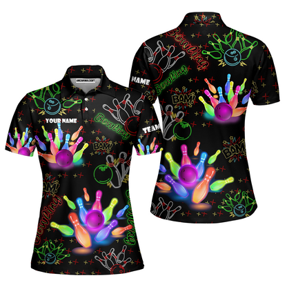 Custom Colorful Neon Bowling Team Jerseys Polo Shirts, Bowling uniforms, Funny Bowling Ball Colorful Neon Bowling Personalized Name And Team Name