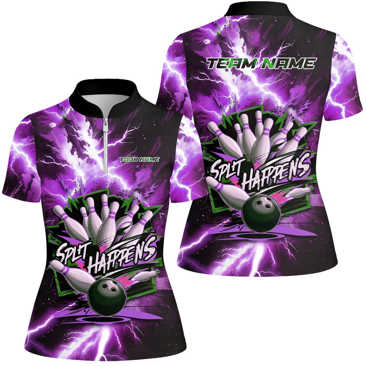 Custom Bowling Team Jersey, Split Happens - Electric Lightning, Bowling Uniforms, Personalize Name And Team Name
