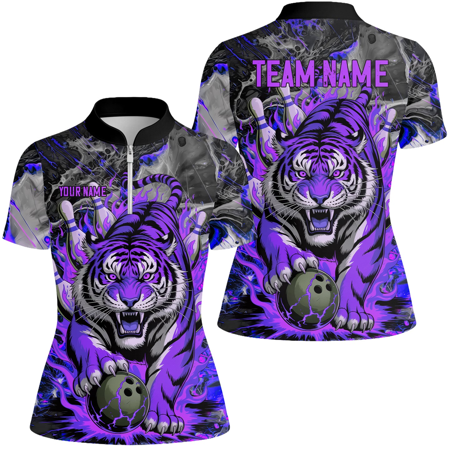 Custom Bowling Team Jersey, Tiger Gripping A Bowling Ball, Bowling Uniforms, Personalize Name And Team Name
