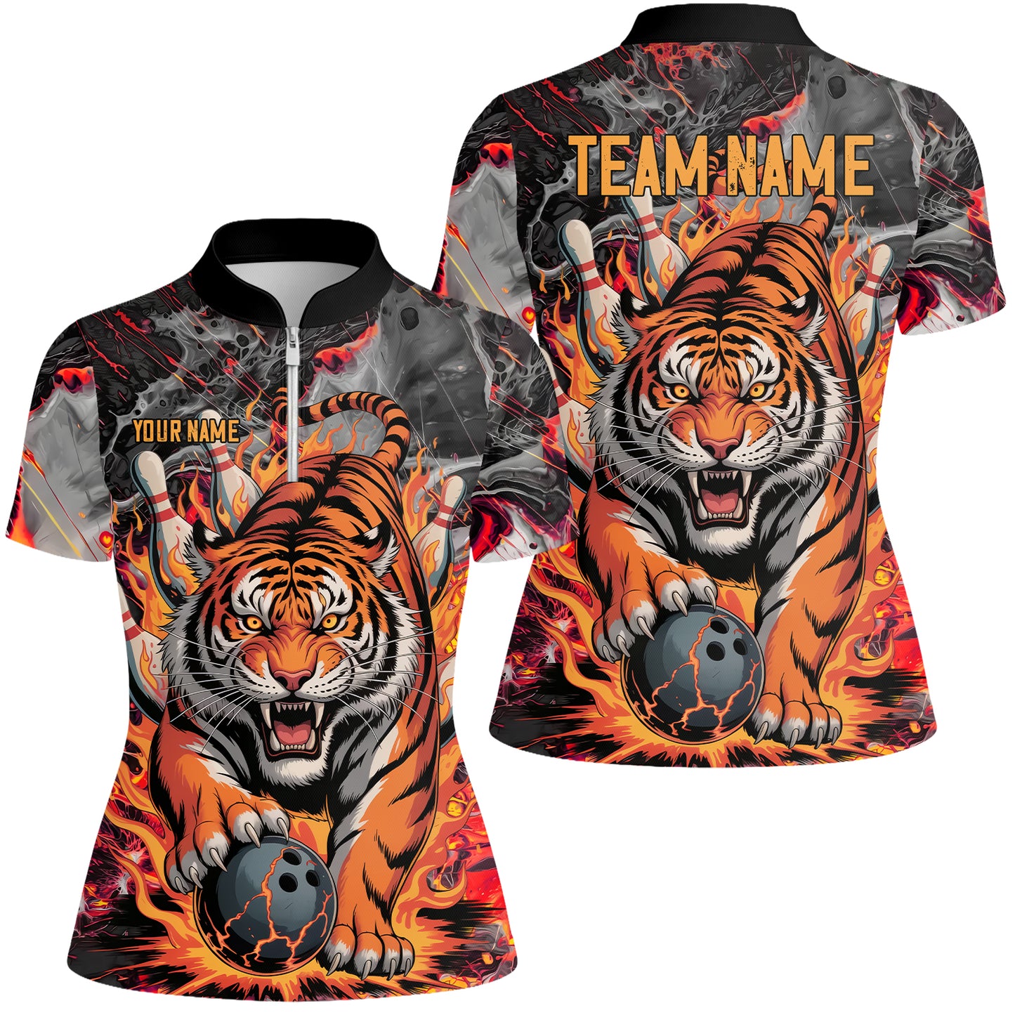 Custom Bowling Team Jersey, Tiger Gripping A Bowling Ball, Bowling Uniforms, Personalize Name And Team Name
