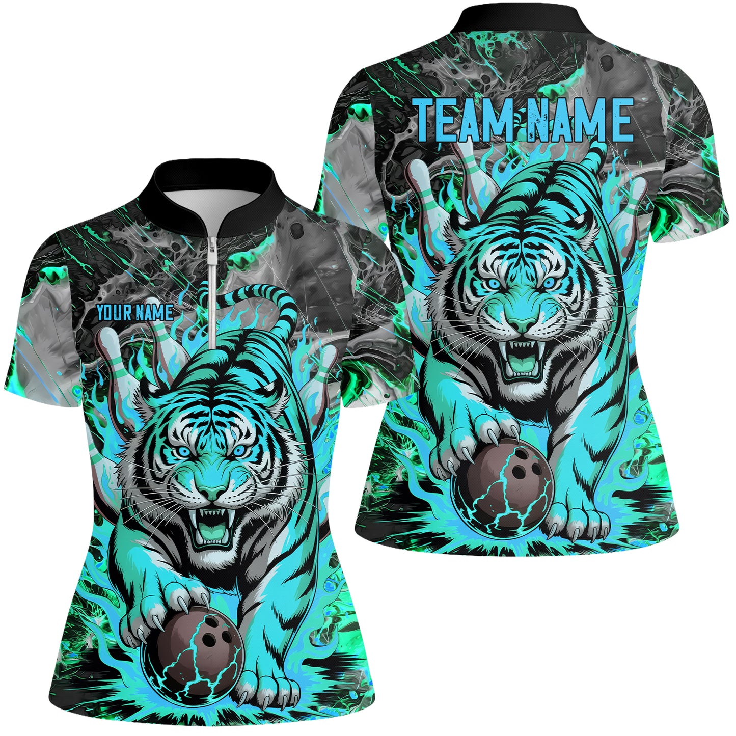 Custom Bowling Team Jersey, Tiger Gripping A Bowling Ball, Bowling Uniforms, Personalize Name And Team Name