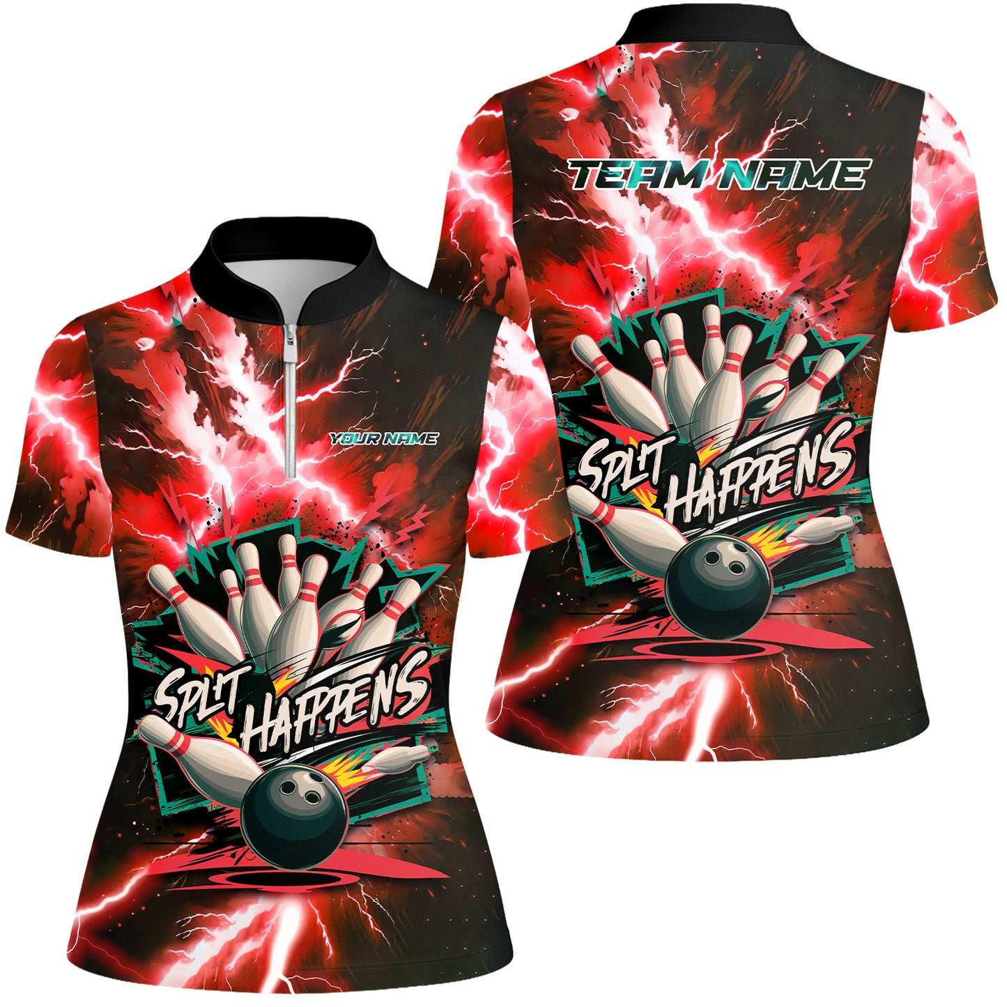 Custom Bowling Team Jersey, Split Happens - Electric Lightning, Bowling Uniforms, Personalize Name And Team Name