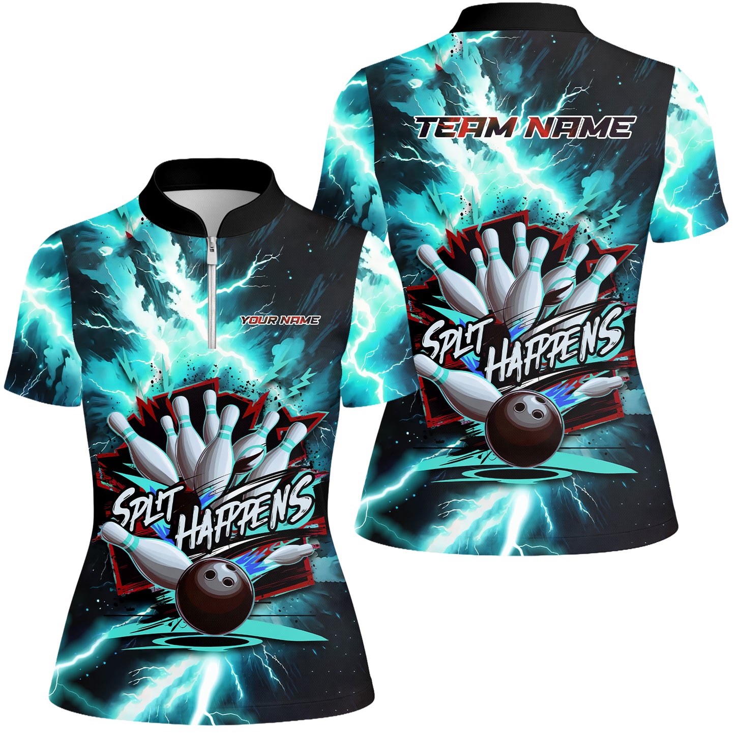 Custom Bowling Team Jersey, Split Happens - Electric Lightning, Bowling Uniforms, Personalize Name And Team Name