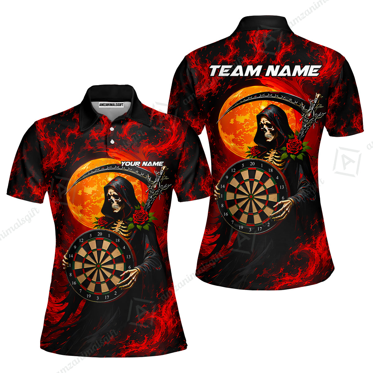 Customized Grim Reaper Holding Dartboard In Moonlight Halloween Darts Jersey, Personalized Name And Team Name For Players