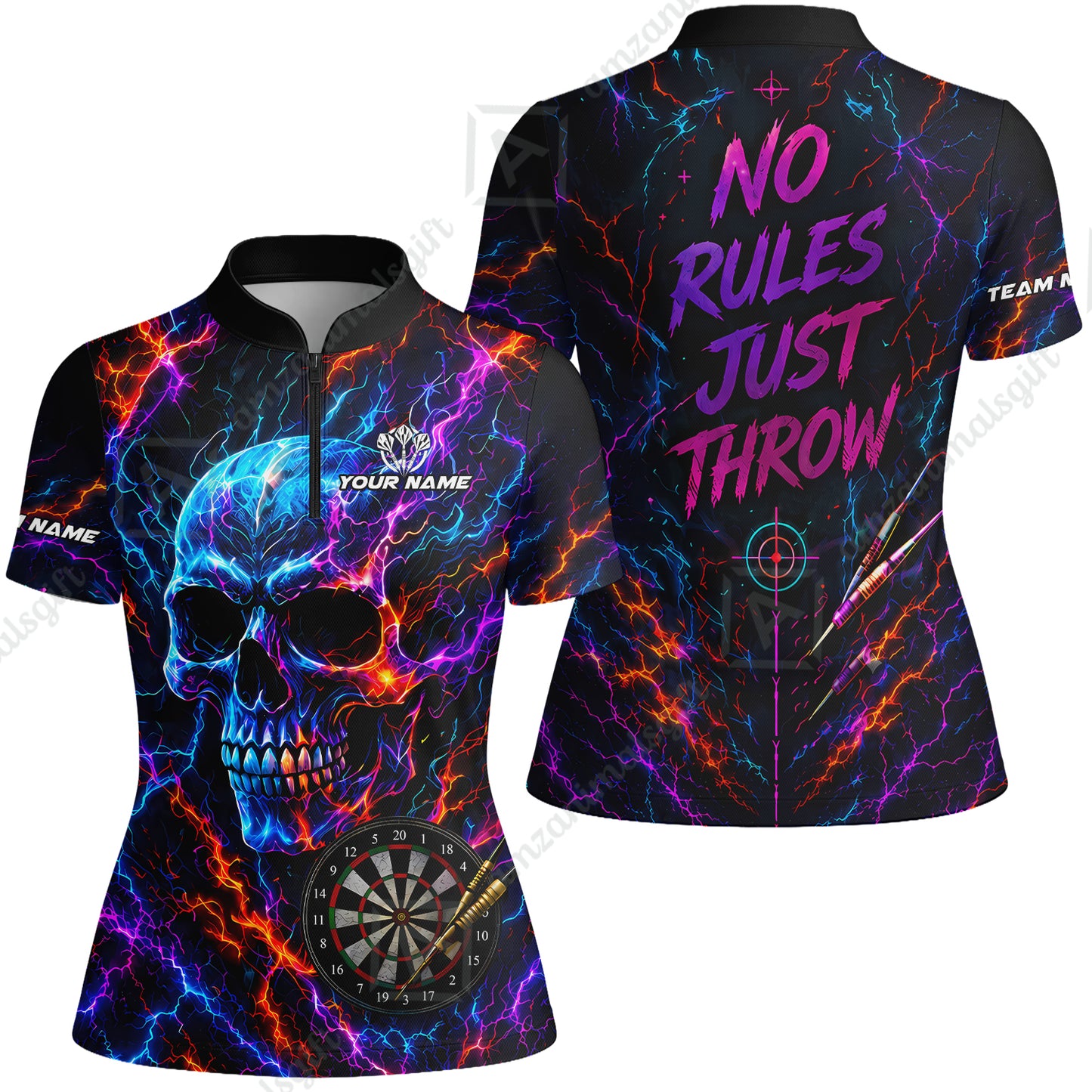 Customized Neon Skull - No Rules Just Throw Darts Jersey, Personalized Name And Team Name For Players