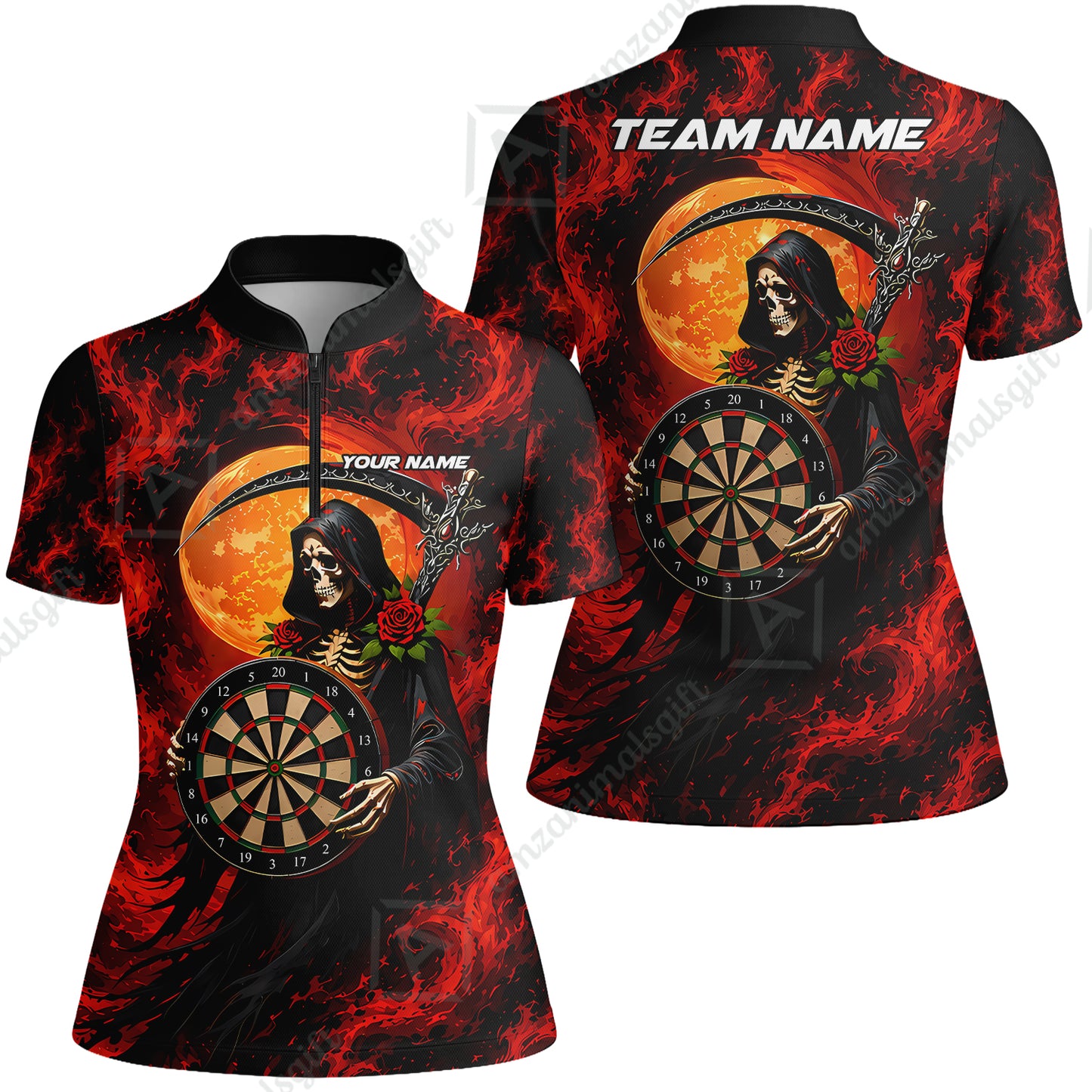 Customized Grim Reaper Holding Dartboard In Moonlight Halloween Darts Jersey, Personalized Name And Team Name For Players