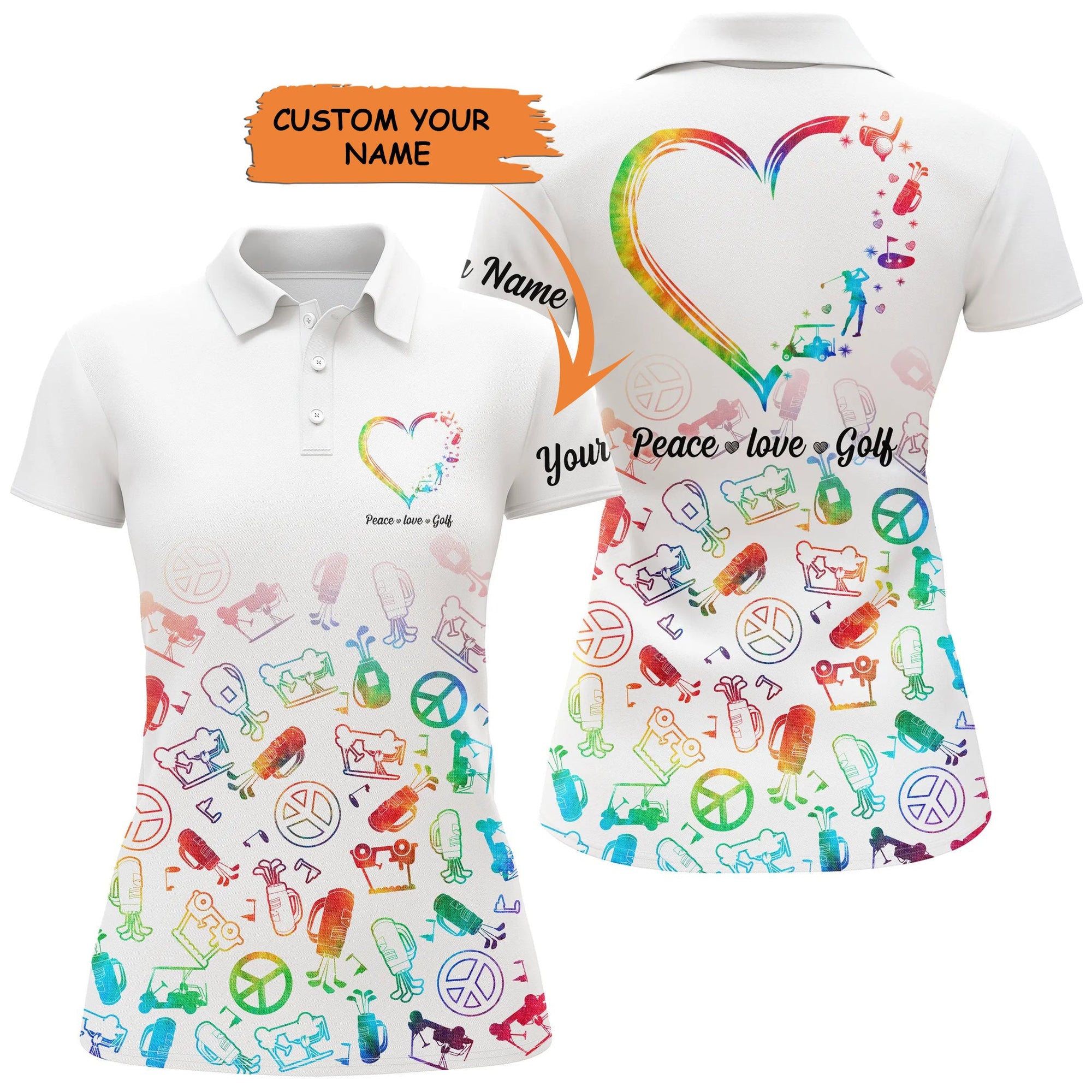 Golf Custom Name Women Polo Shirt, Watercolor Peace Love Golf Personalized Apparel Women Polo Shirts, Golf Tops, Gift For Ladies, Golf Lovers, Golfers