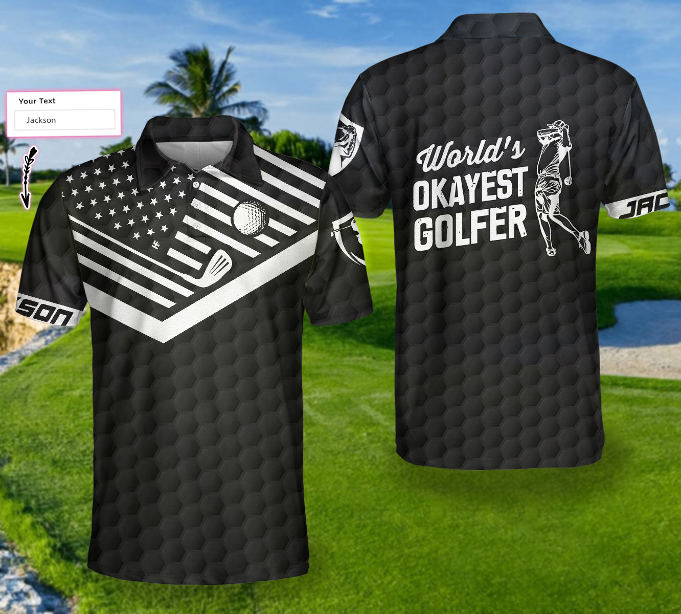 Men Golf Polo Shirt - World's Okayest Golfer Custom Polo Shirt, Personalized Black American Flag Golf Shirt For Men