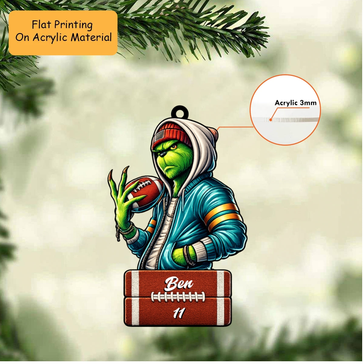 Personalized American Football Ornament, Rugby Grinch Man, Custom Ornament Gift, Keychain American Football, Car Ornament American Football