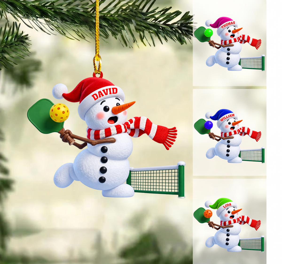 Personalized Pickleball Christmas Ornament, Active Snowman Hitting Ball Over Net, Custom Ornament Christmas Gift, Keychain Pickleball, Car Ornament Pickleball