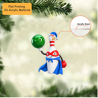 Personalized Superhero Bowler Christmas Ornament, Masked Pin Mascot With Cape, Custom Ornament Christmas Gift, Keychain Bowling, Car Ornament Bowling