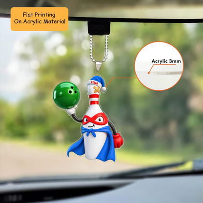 Personalized Superhero Bowler Christmas Ornament, Masked Pin Mascot With Cape, Custom Ornament Christmas Gift, Keychain Bowling, Car Ornament Bowling