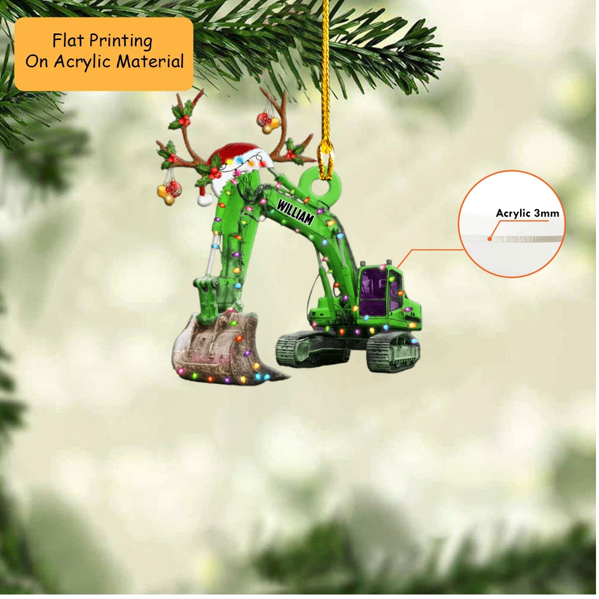 Personalized Excavator Christmas Ornament, Digger Antlers, Custom Ornament Christmas Gift, Keychain Excavator Christmas, Car Ornament Excavator Christmas