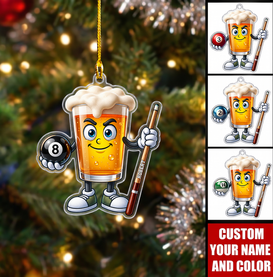 Personalized Billiards Christmas Ornament, Funny Beer Mascot With Pool Cue, Custom Ornament Christmas Gift, Keychain  Billiards, Car Ornament  Billiards