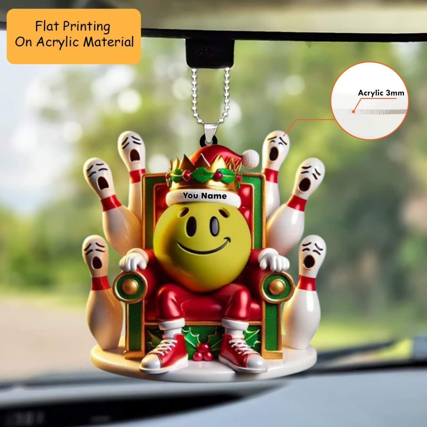 Personalized Bowling Ball Holding Pins Acrylic Ornament, Bowling Keychain, Car Ornament, Christmas Ornament Gifts