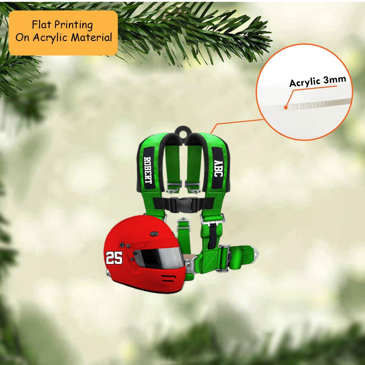 Personalized Auto Racing Christmas Ornament, Racing Helmet And Safety Harness, Custom Ornament Christmas Gift, Keychain Racing, Car Ornament Racing