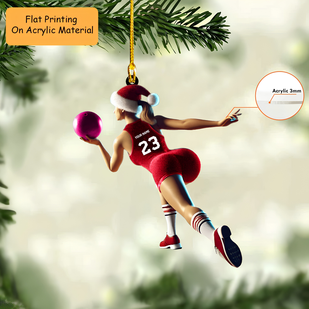 Personalized Bowling Woman Home Decor Acrylic Ornament, Bowling Christmas Keychain, Car Ornament, Christmas Ornament Gifts
