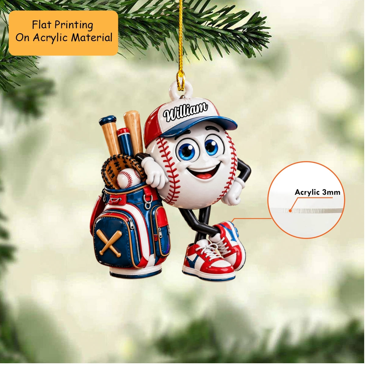 Personalized Baseball Christmas Ornament, Baseball Mascot Cute, Custom Ornament Christmas Gift, Keychain Baseball, Car Ornament Baseball