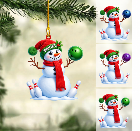 Personalized Bowling Snowman Christmas Ornament, Classic Snowman Holding Ball And Pins, Custom Ornament Christmas Gift, Keychain Bowling, Car Ornament Bowling 