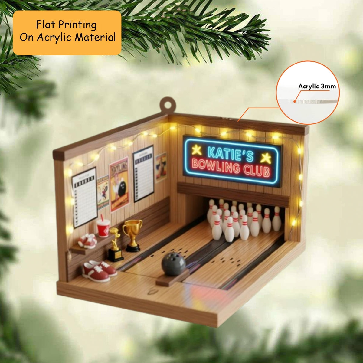 Personalized Bowling Acrylic Ornament, Bowling 2d Flat Ornament, Bowling Keychain, Car Ornament, Christmas Ornament Gifts