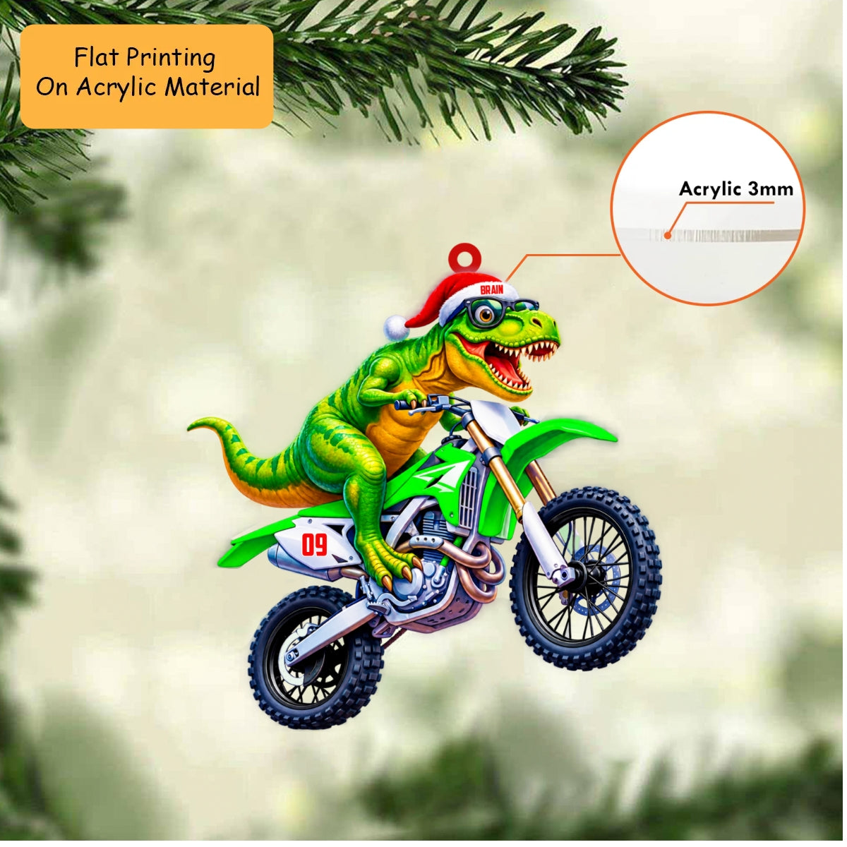 Personalized Motocross Dinosaur Christmas Ornament, Cool T Rex Riding Dirt Bike, Custom Ornament Christmas Gift, Keychain Motocross, Car Ornament Motocross